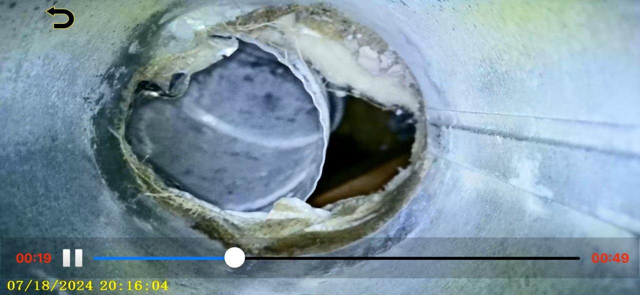 Valentine Vents video inspection camera showing disconnected vent joint